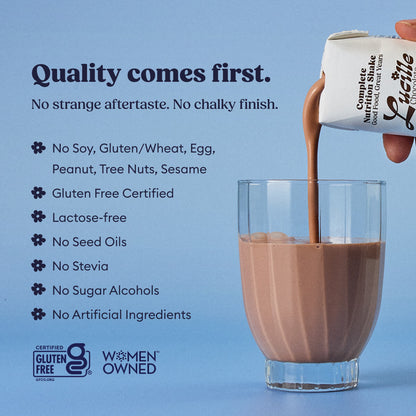 Lucille Chocolate nutrition Shake being poured into a glass on a blue background with text highlighting product qualities: no soy, gluten/wheat, egg, peanut, tree nuts, or sesame; gluten-free certified; lactose-free; no seed oils, stevia, sugar alcohols, or artificial ingredients; women-owned brand.