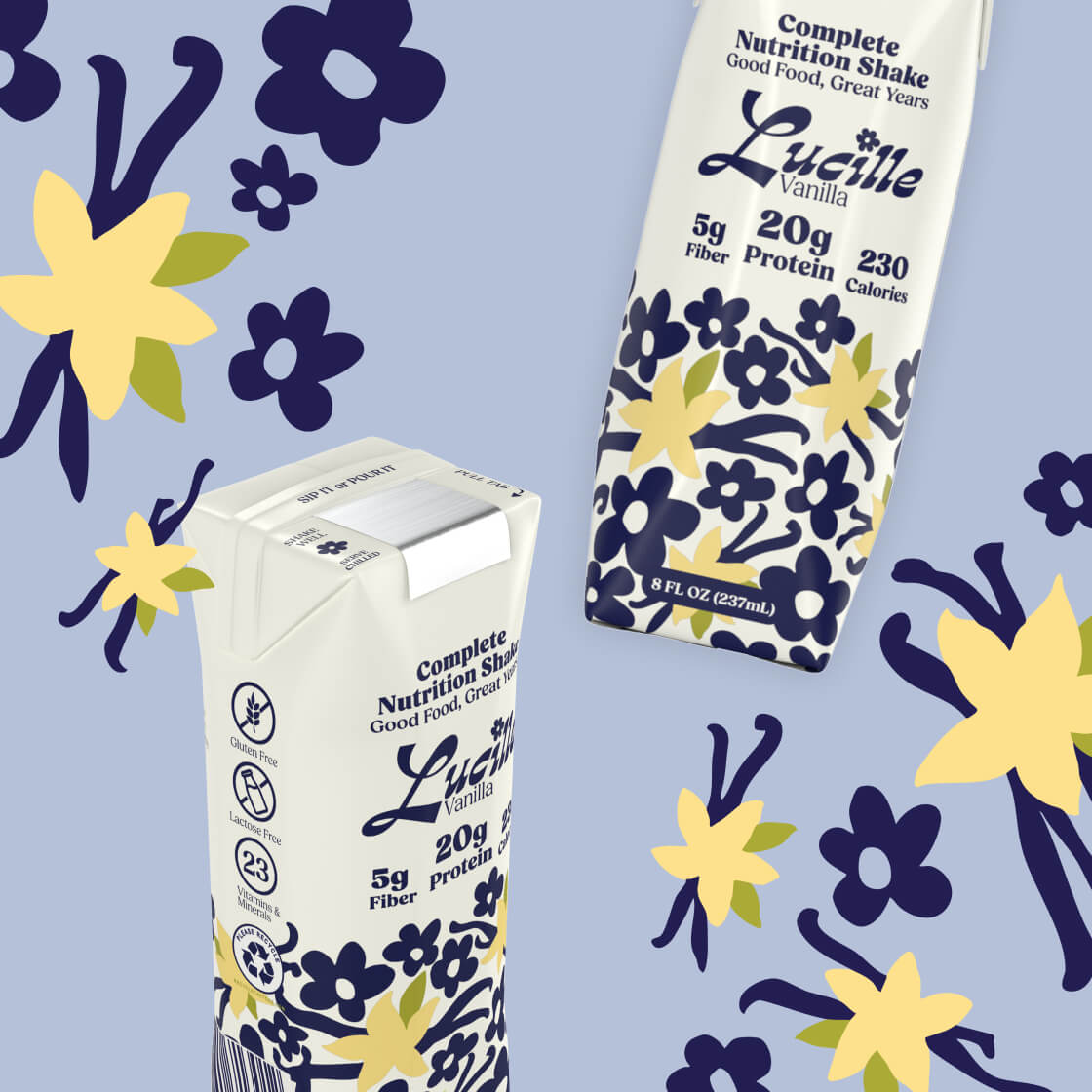 Two cartons of Lucille Vanilla Complete Nutrition Shake on a vanilla patterned background