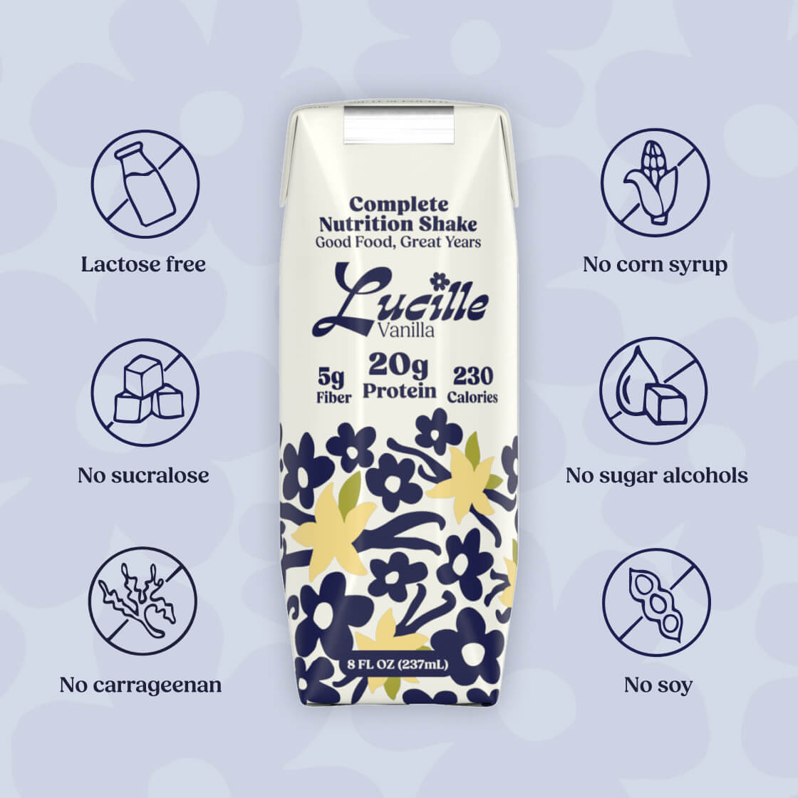 Lucille Vanilla nutrition shake packaging with health benefits icons on a light purple background