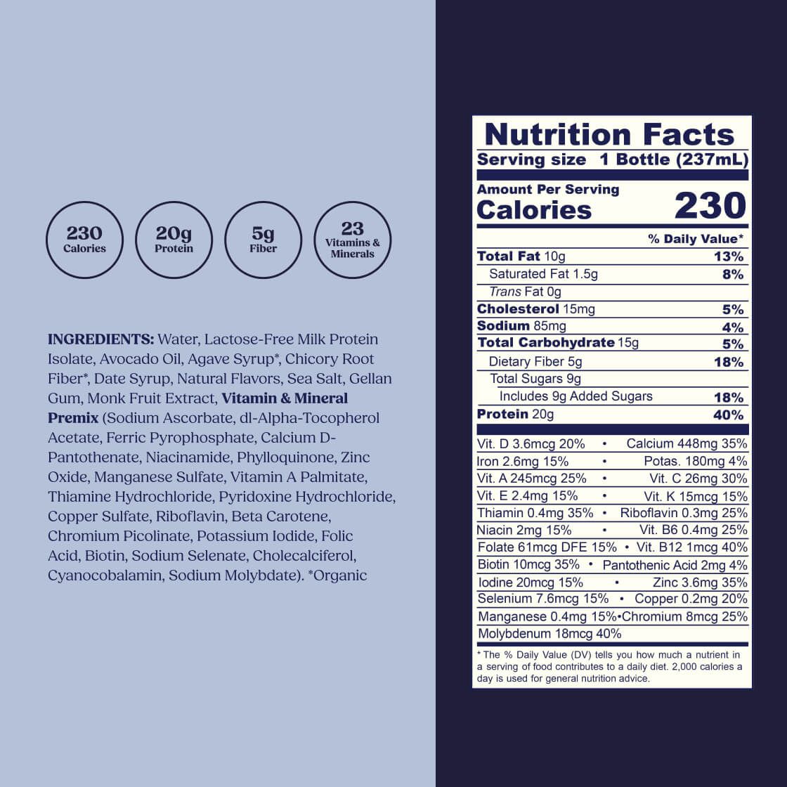 Lucille Vanilla Complete Nutrition Shake supplement label with nutrition facts and ingredients listed.