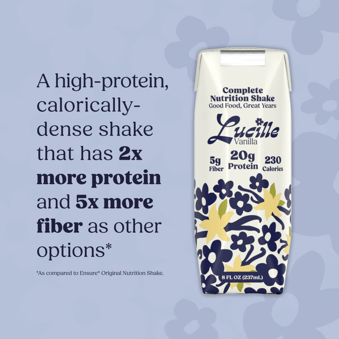 Lucille Vanilla nutrition shake container with floral design on a light blue background with text about protein and fiber.