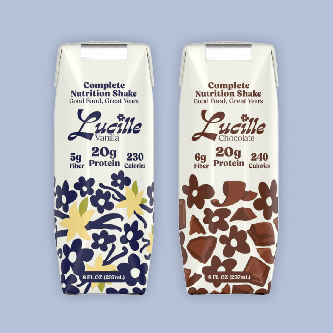 Two Lucille nutrition shake containers, one vanilla and one chocolate, on a light blue background.