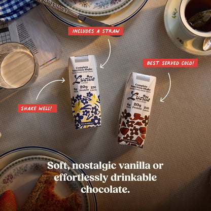 Lucille Vanilla and Chocolate Complete Nutrition Shakes. Includes a straw. Shake well. Best served cold. Soft, nostalgic vanilla or effortlessly drinkable chocolate.