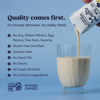 Lucille Vanilla Nutrition Shake being poured into a glass on a blue background with text highlighting product qualities: no soy, gluten/wheat, egg, peanut, tree nuts, or sesame; gluten-free certified; lactose-free; no seed oils, stevia, sugar alcohols, or artificial ingredients; women-owned brand.